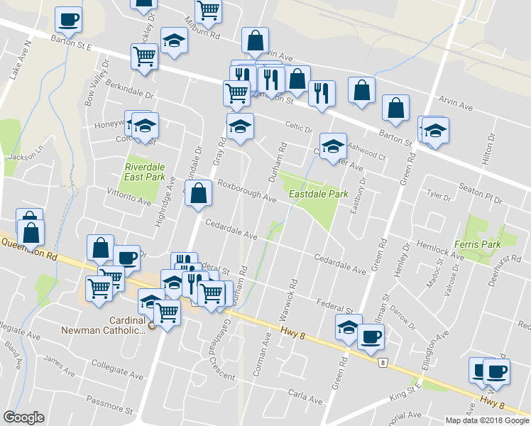 map of restaurants, bars, coffee shops, grocery stores, and more near 64 Durham Road in Hamilton