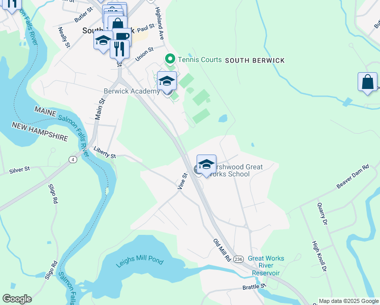 map of restaurants, bars, coffee shops, grocery stores, and more near 37 Academy Street in South Berwick