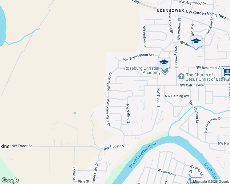 map of restaurants, bars, coffee shops, grocery stores, and more near 2375 Northwest Glenmar Avenue in Roseburg