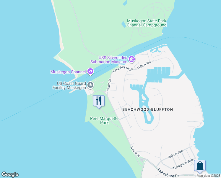 map of restaurants, bars, coffee shops, grocery stores, and more near 1448 Beach Street in Muskegon