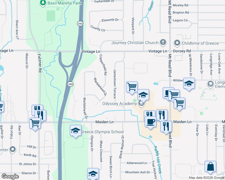 map of restaurants, bars, coffee shops, grocery stores, and more near 129 Jamestown Terrace in Rochester