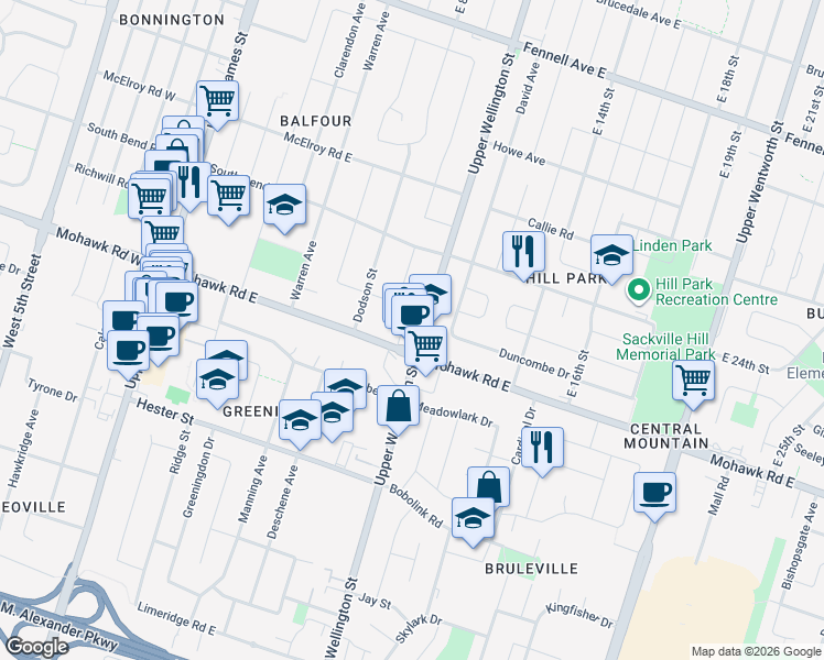map of restaurants, bars, coffee shops, grocery stores, and more near 890 Upper Wellington Street in Hamilton
