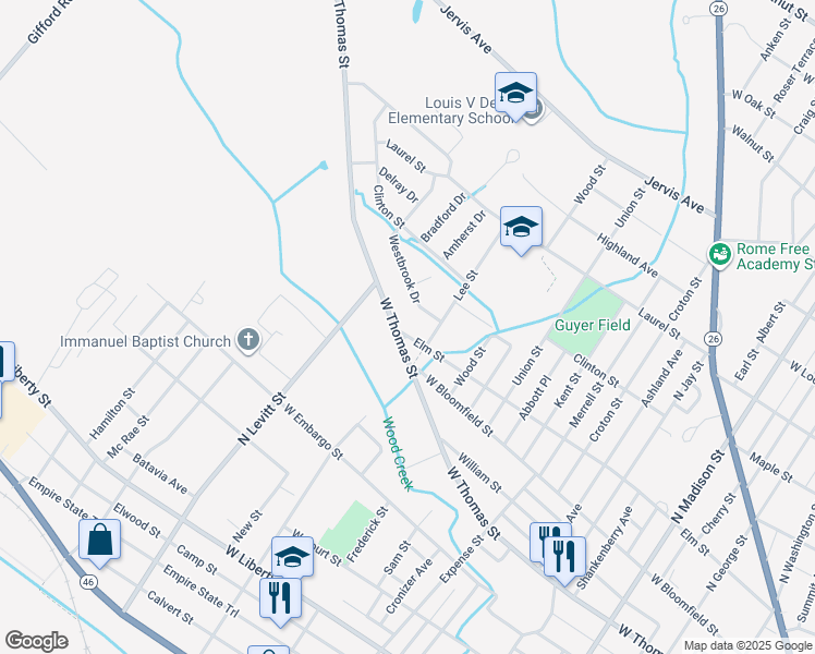 map of restaurants, bars, coffee shops, grocery stores, and more near 1004 Elm Street in Rome