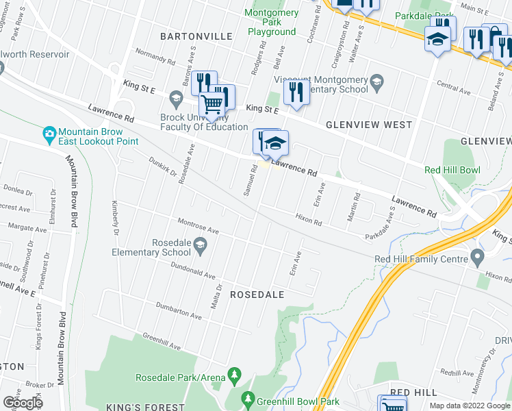 map of restaurants, bars, coffee shops, grocery stores, and more near 460 Cochrane Road in Hamilton