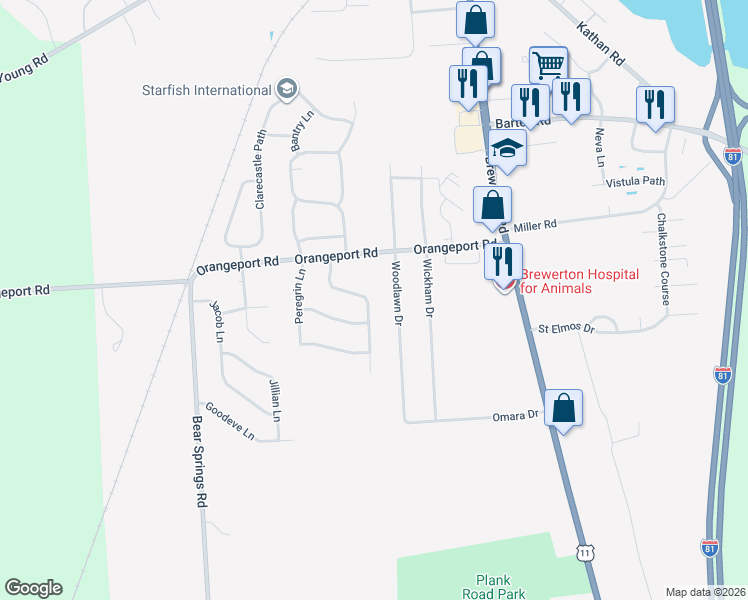 map of restaurants, bars, coffee shops, grocery stores, and more near 9434 Birch Tree Road in Brewerton