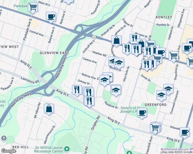 map of restaurants, bars, coffee shops, grocery stores, and more near 51 Robroy Avenue in Hamilton