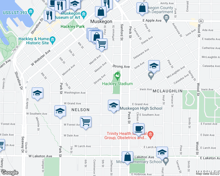 map of restaurants, bars, coffee shops, grocery stores, and more near 1391 Jefferson Street in Muskegon