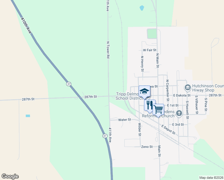 map of restaurants, bars, coffee shops, grocery stores, and more near 900-906 North Tower Road in Tripp