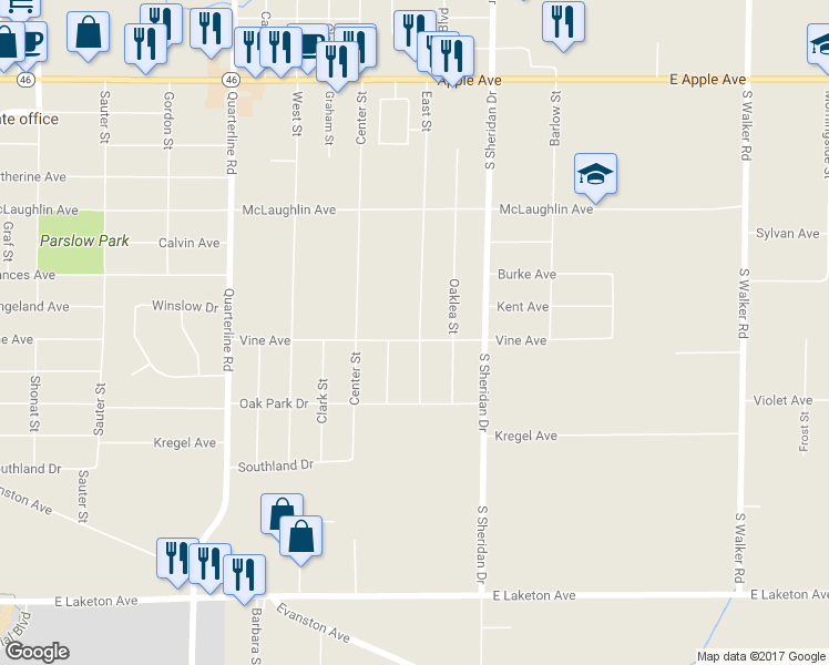 map of restaurants, bars, coffee shops, grocery stores, and more near 2292 Vine Avenue in Muskegon