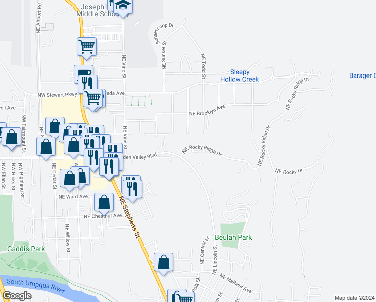 map of restaurants, bars, coffee shops, grocery stores, and more near 1401 Northeast Rocky Ridge Drive in Roseburg