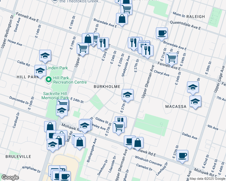 map of restaurants, bars, coffee shops, grocery stores, and more near in Hamilton