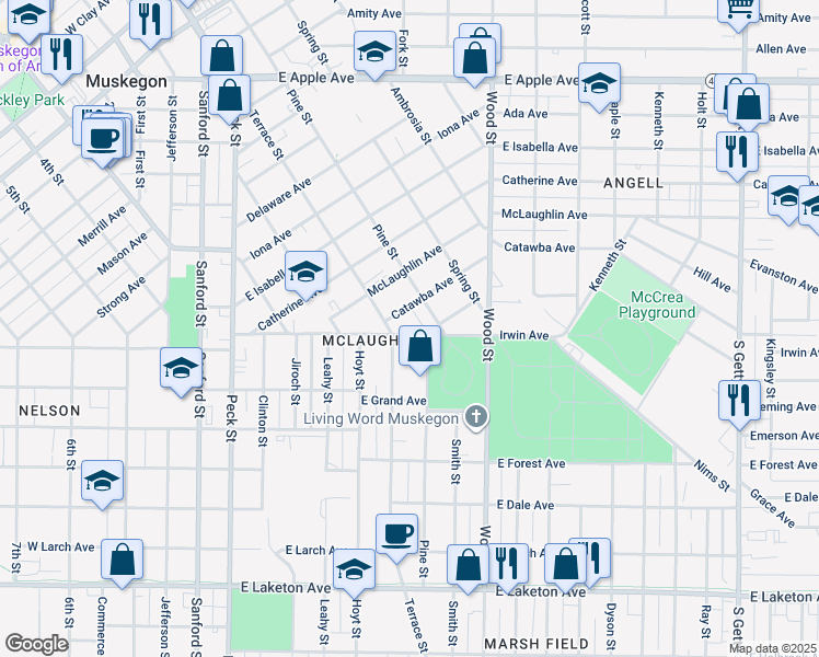 map of restaurants, bars, coffee shops, grocery stores, and more near 249 Irwin Avenue in Muskegon
