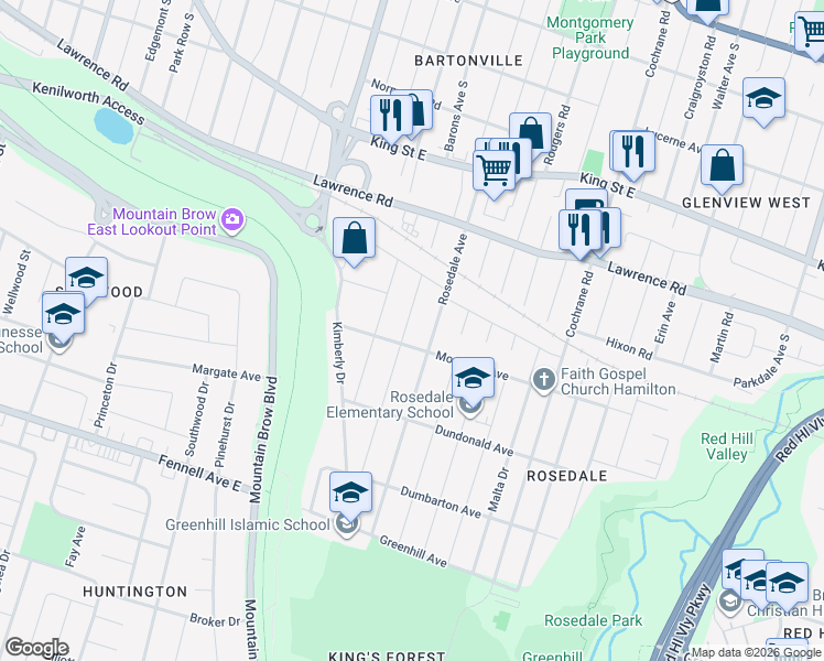 map of restaurants, bars, coffee shops, grocery stores, and more near 93 Cloverdale Avenue in Hamilton