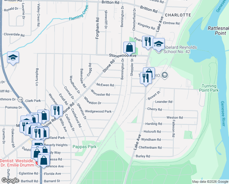 map of restaurants, bars, coffee shops, grocery stores, and more near 22 Worcester Rd in Rochester