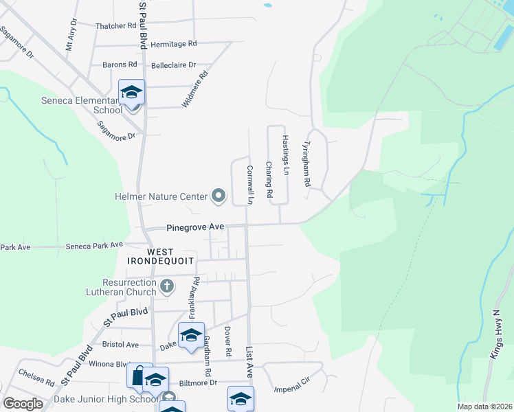 map of restaurants, bars, coffee shops, grocery stores, and more near 46 Cornwall Ln in Rochester