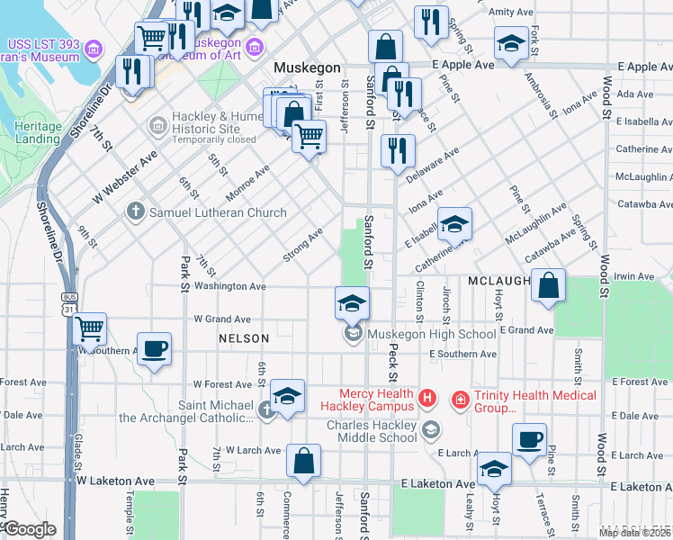 map of restaurants, bars, coffee shops, grocery stores, and more near 1391 Jefferson Street in Muskegon