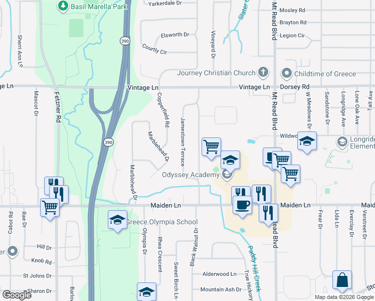 map of restaurants, bars, coffee shops, grocery stores, and more near 129 Jamestown Terrace in Rochester