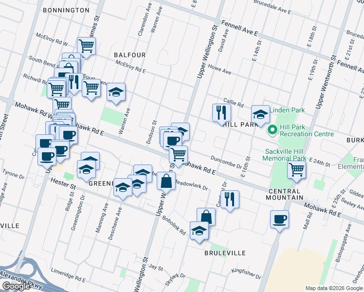 map of restaurants, bars, coffee shops, grocery stores, and more near 890 Upper Wellington Street in Hamilton