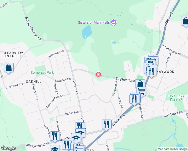 map of restaurants, bars, coffee shops, grocery stores, and more near 162 Sulphur Springs Road in Hamilton