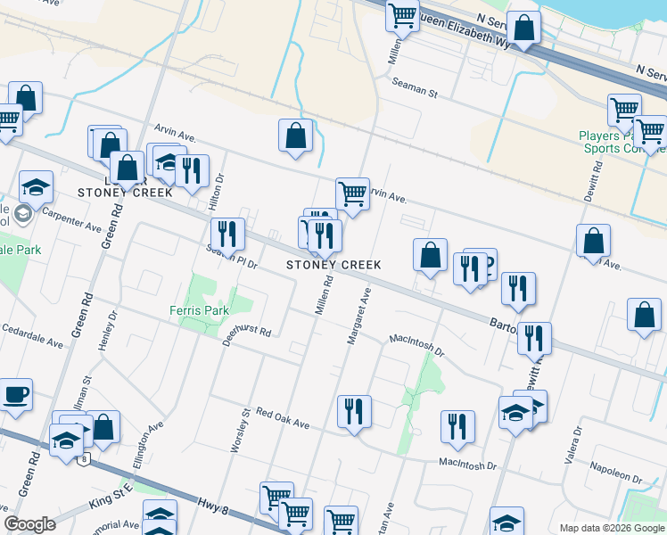 map of restaurants, bars, coffee shops, grocery stores, and more near Barton Street & Millen Road in Hamilton