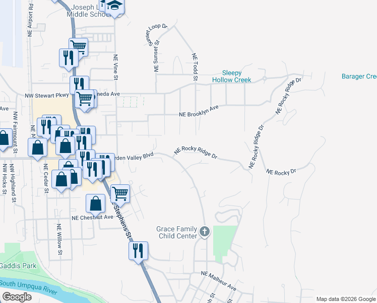 map of restaurants, bars, coffee shops, grocery stores, and more near 1475 Northeast Rocky Ridge Drive in Roseburg