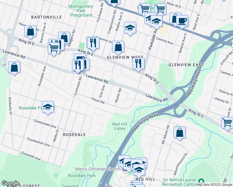 map of restaurants, bars, coffee shops, grocery stores, and more near 26 Martin Road in Hamilton