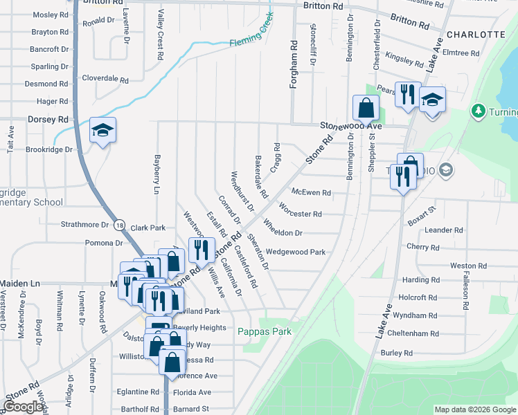 map of restaurants, bars, coffee shops, grocery stores, and more near 262 Stone Road in Rochester