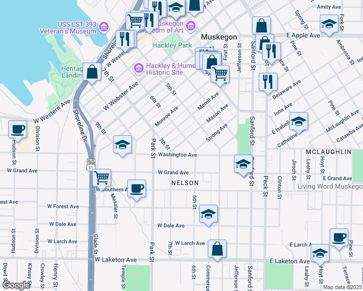map of restaurants, bars, coffee shops, grocery stores, and more near 333 Mason Avenue in Muskegon