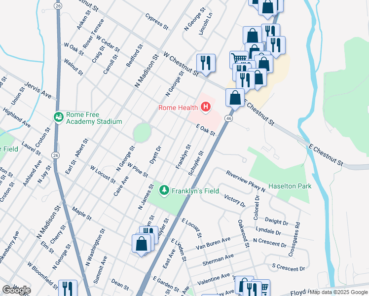 map of restaurants, bars, coffee shops, grocery stores, and more near 1314 Franklyn Street in Rome