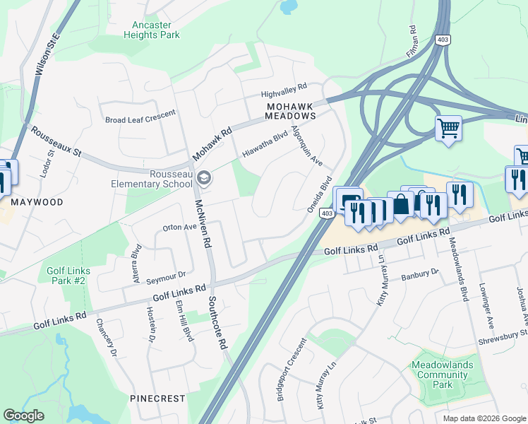 map of restaurants, bars, coffee shops, grocery stores, and more near 626 Iroquois Avenue in Hamilton