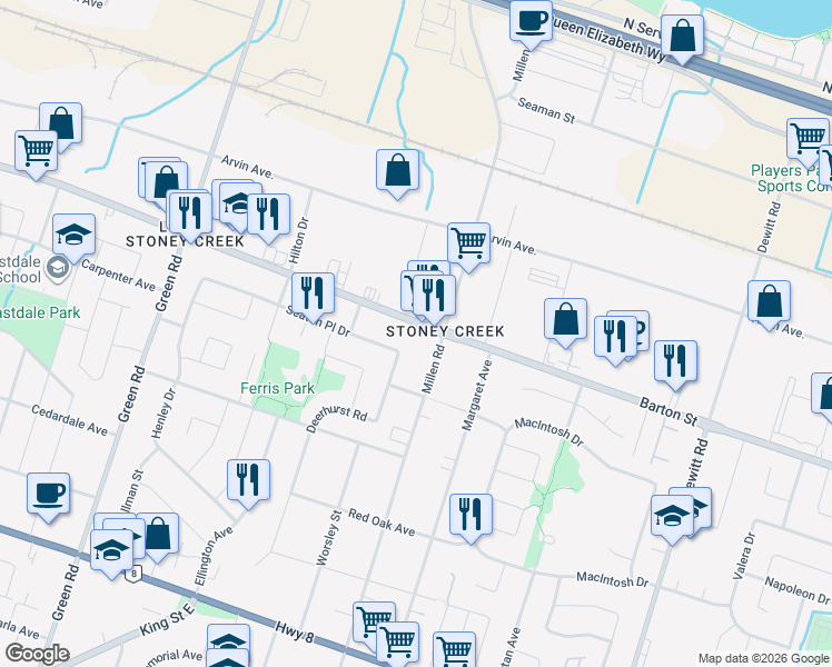 map of restaurants, bars, coffee shops, grocery stores, and more near 384 Barton Street in Hamilton
