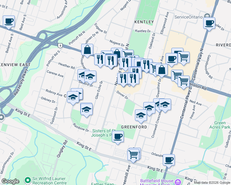 map of restaurants, bars, coffee shops, grocery stores, and more near 69 Nash Road South in Hamilton