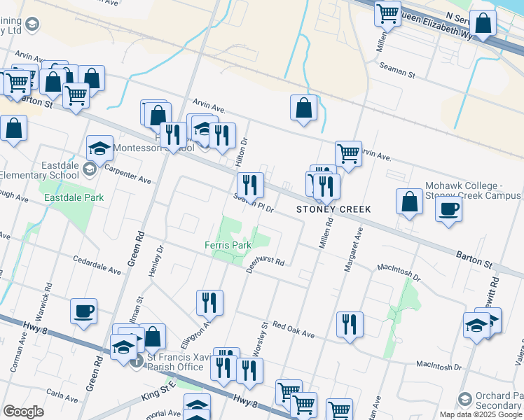 map of restaurants, bars, coffee shops, grocery stores, and more near 35 Lynwood Dr in Stoney Creek