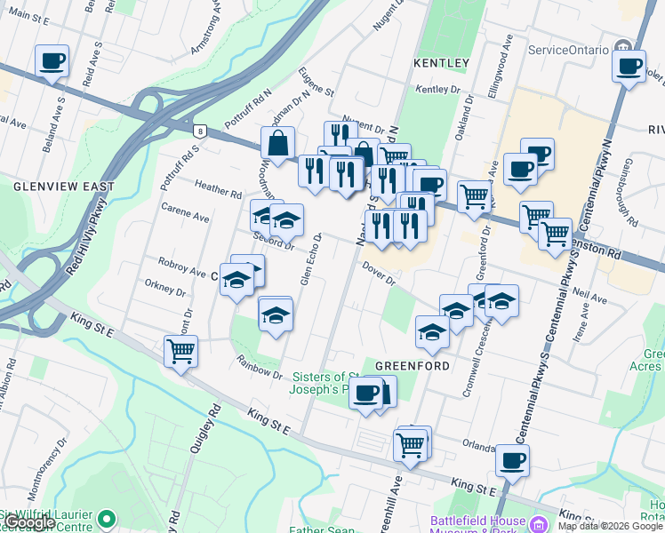 map of restaurants, bars, coffee shops, grocery stores, and more near 25 Empire Court in Hamilton