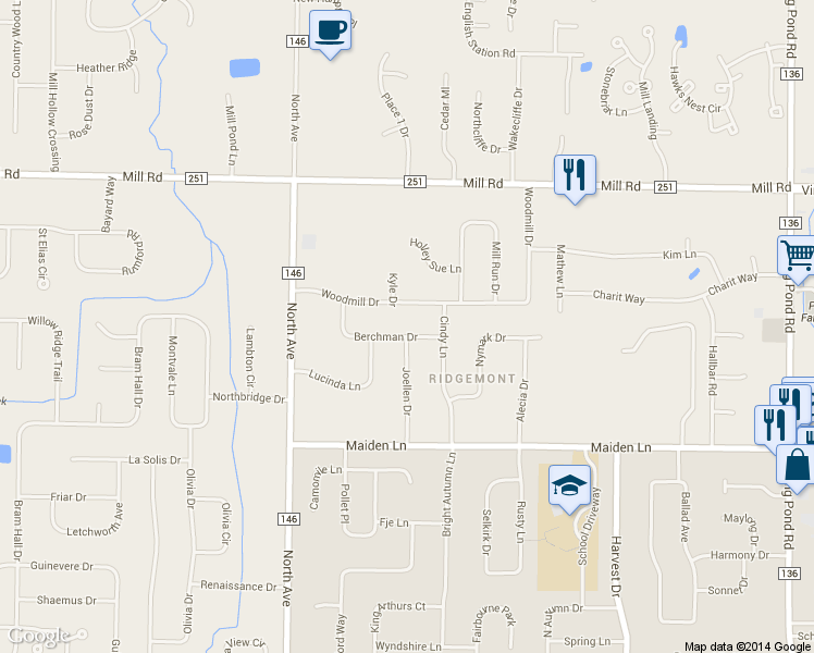 map of restaurants, bars, coffee shops, grocery stores, and more near 40 Berchman Drive in Rochester