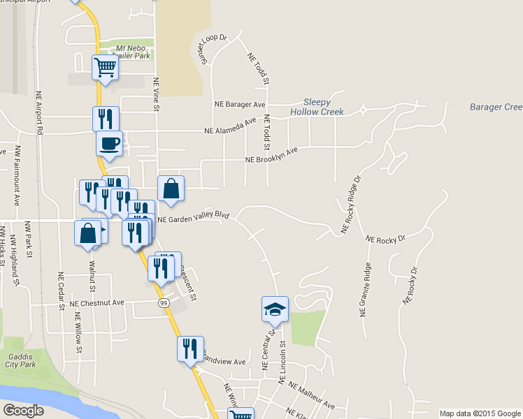map of restaurants, bars, coffee shops, grocery stores, and more near 1475 Northeast Rocky Ridge Drive in Roseburg