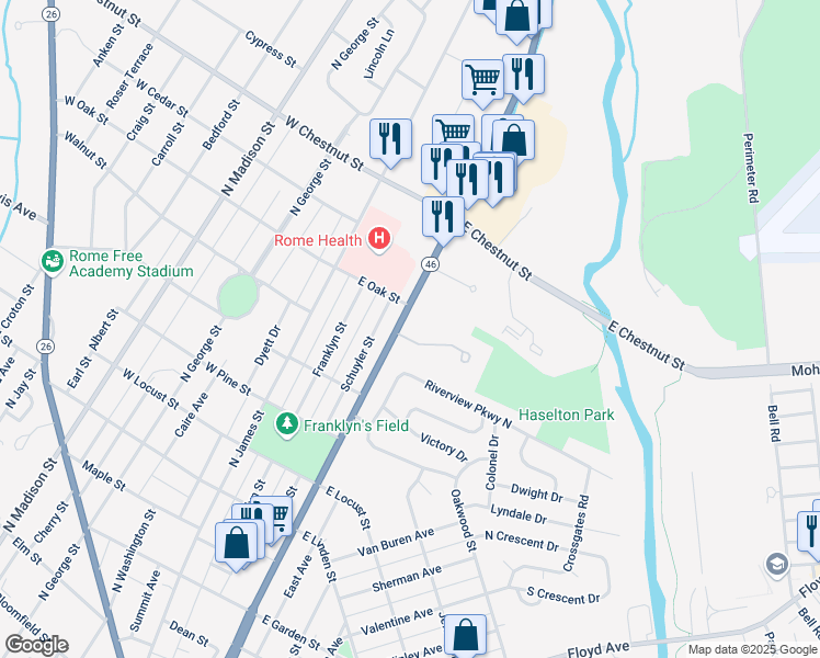 map of restaurants, bars, coffee shops, grocery stores, and more near 105 Ringdahl Court in Rome