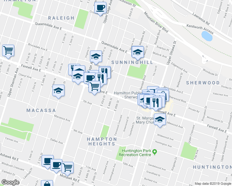 map of restaurants, bars, coffee shops, grocery stores, and more near 1035 Fennell Avenue East in Hamilton