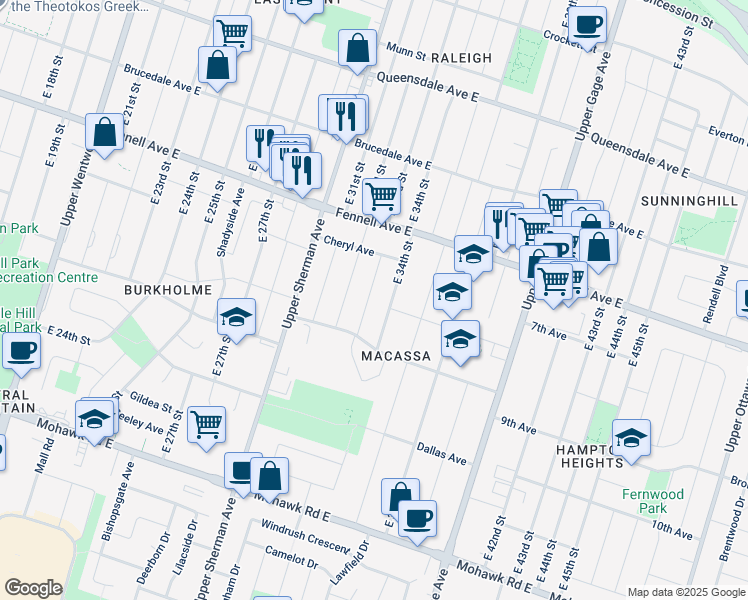 map of restaurants, bars, coffee shops, grocery stores, and more near 322 East 33rd Street in Hamilton