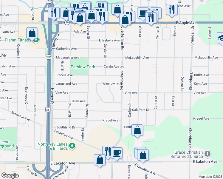 map of restaurants, bars, coffee shops, grocery stores, and more near 1401 Mosedale Avenue in Muskegon