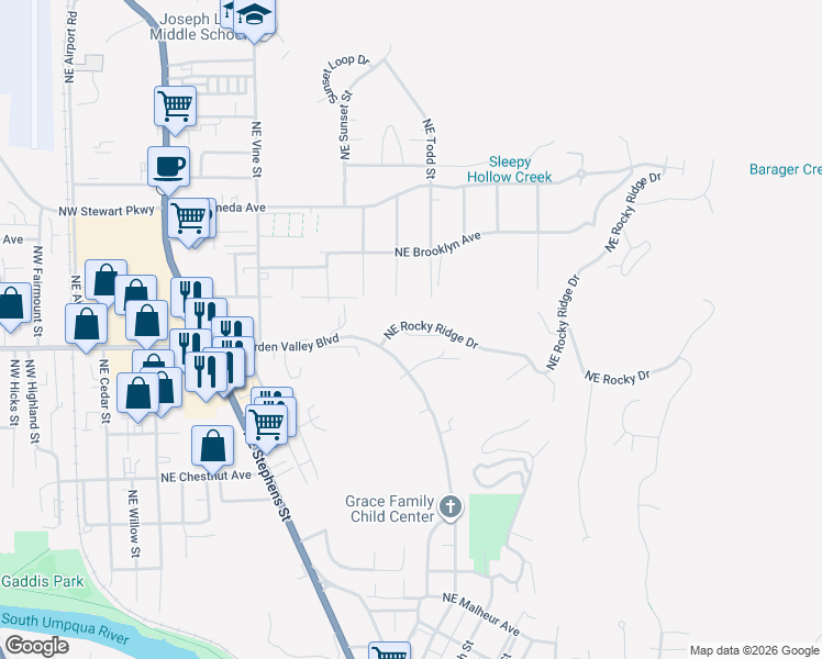 map of restaurants, bars, coffee shops, grocery stores, and more near 1475 Northeast Rocky Ridge Drive in Roseburg