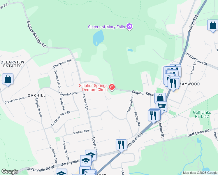 map of restaurants, bars, coffee shops, grocery stores, and more near 162 Sulphur Springs Road in Hamilton