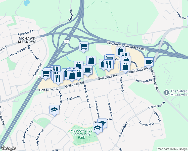 map of restaurants, bars, coffee shops, grocery stores, and more near 911 Golf Links Road in Hamilton