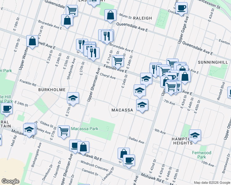 map of restaurants, bars, coffee shops, grocery stores, and more near 313 East 33rd Street in Hamilton