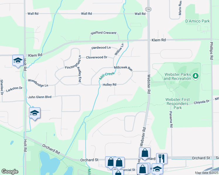 map of restaurants, bars, coffee shops, grocery stores, and more near 1262 Conifer Cove Lane in Webster
