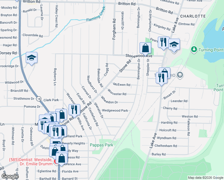 map of restaurants, bars, coffee shops, grocery stores, and more near 129 Worcester Road in Rochester
