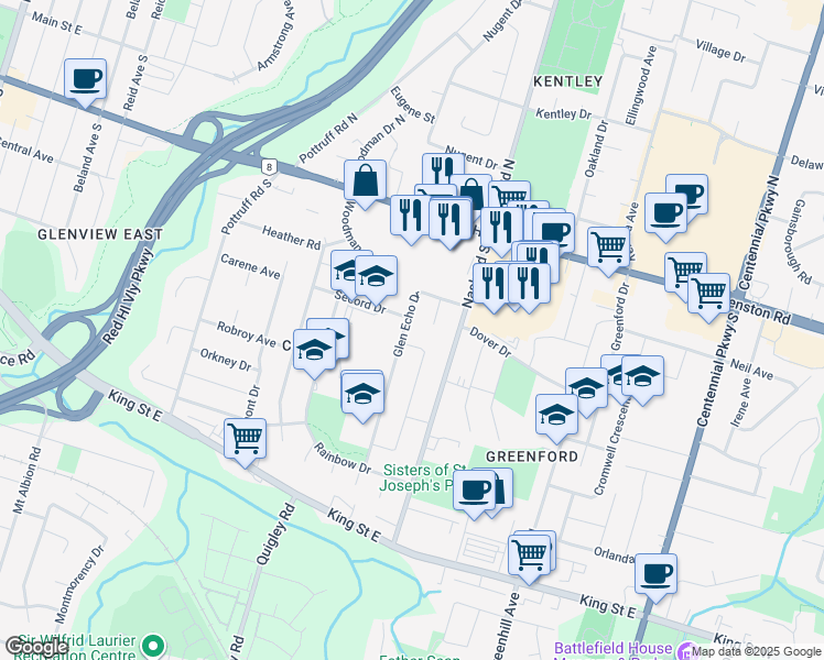 map of restaurants, bars, coffee shops, grocery stores, and more near 57 Glen Echo Drive in Hamilton