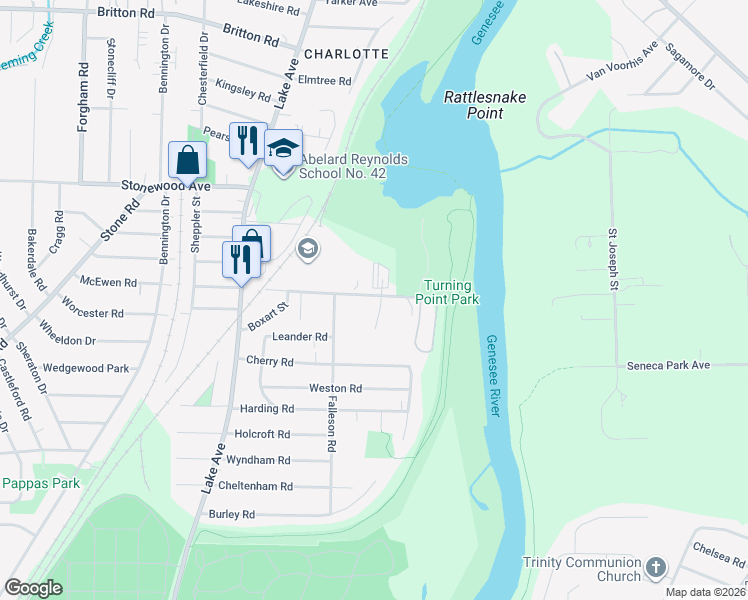 map of restaurants, bars, coffee shops, grocery stores, and more near 17 Calvin Road in Rochester