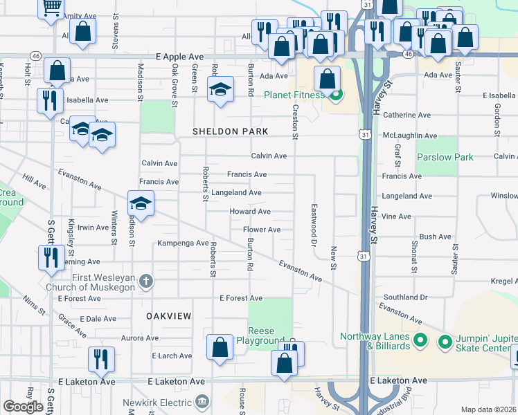 map of restaurants, bars, coffee shops, grocery stores, and more near 1339 Howard Avenue in Muskegon