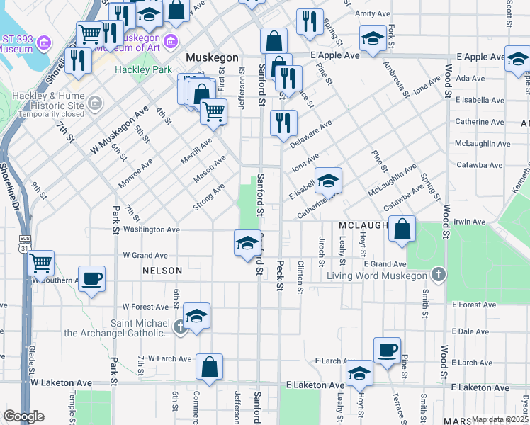 map of restaurants, bars, coffee shops, grocery stores, and more near 1380 Sanford Street in Muskegon